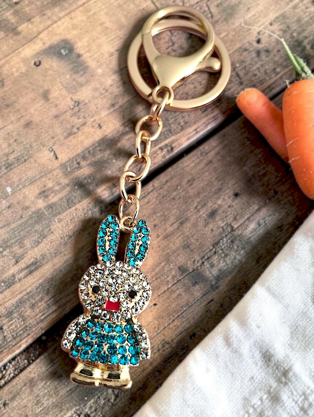 Charming Baby Bunny Bag Charm / Keychain with Blue Crystal Accents